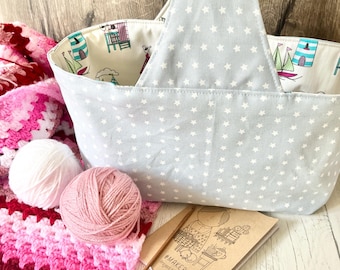 LARGE handmade pale blue star beach huts / crochet / sewing / storage / analogue / hobby basket