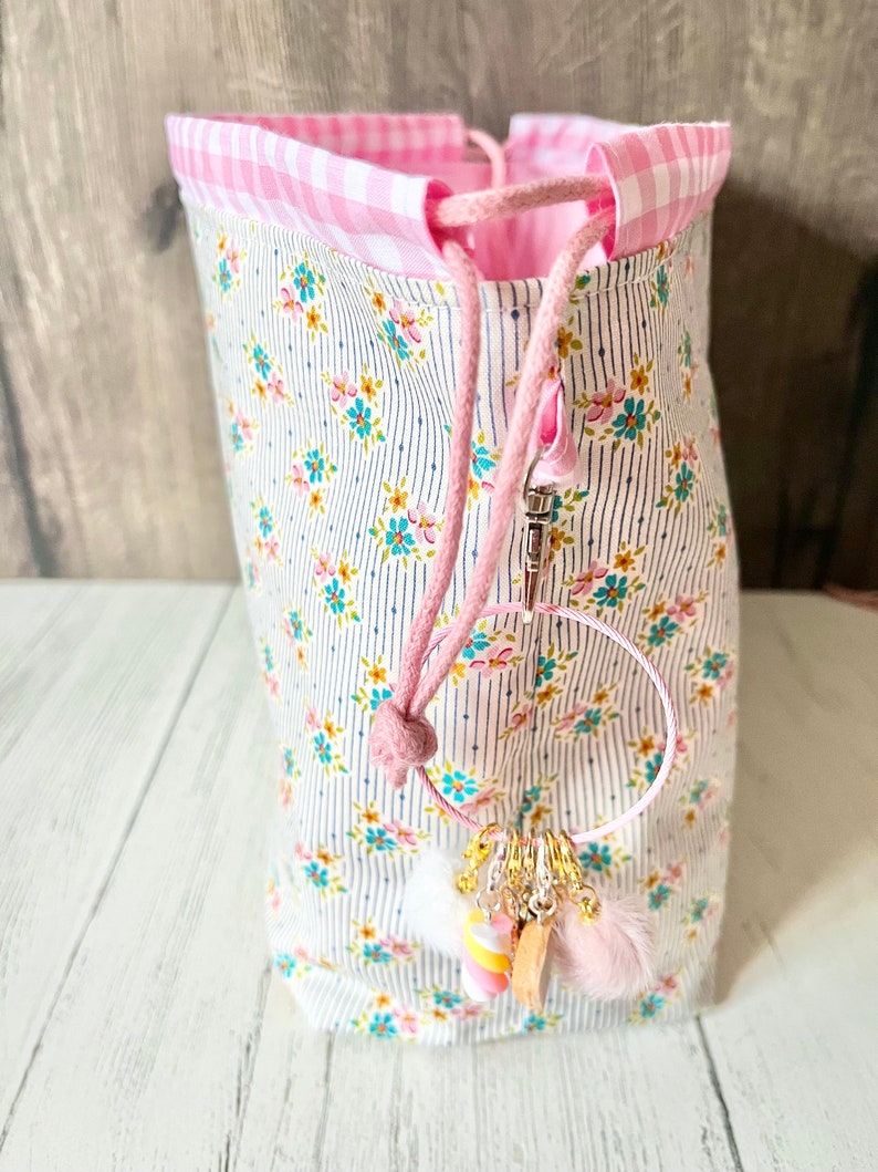Knitting project bag / Tilda floral stripe sock sweater large drawstring knitting / crochet project bag image 6