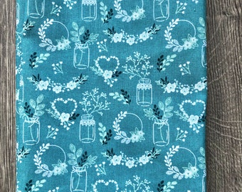 100% cotton fabric teal floral heart wreath jars posy fabric sewing patchwork epp- fat quarter or metre