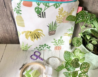 Knitting project bag / houseplant embroidery cross stitch sock knitting / crochet zip project storage bag