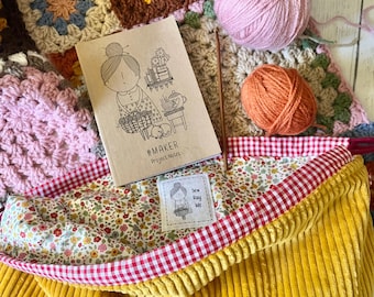 Autumnal cosy mustard floral knitting crocheting sewing large drawstring project bag
