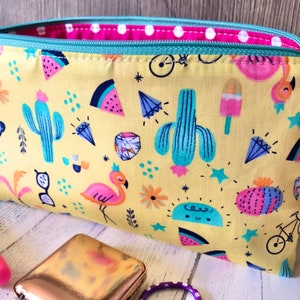 Fun bright summer cactus flamingo pencil case/ knitting notions case / crochet notions case / make up bag image 2
