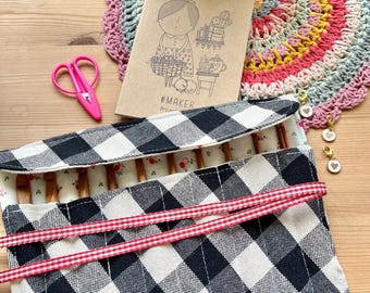Black gingham ditsy floral crochet hook storage roll
