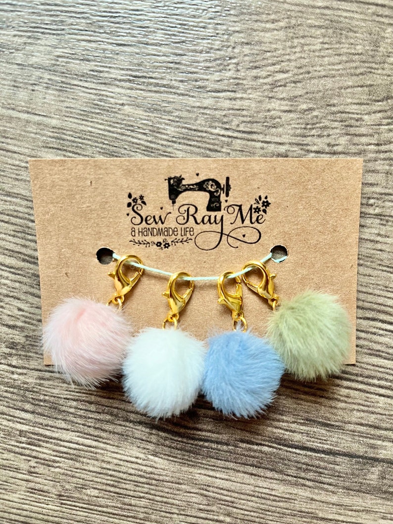 Set of 4 fluffy pastel pompom progress keepers / crochet / knitting stitch marker / progress keeper image 6