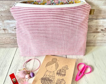 Red stripe canvas ditsy floral zip case bag / storage / journaling / notions pouch