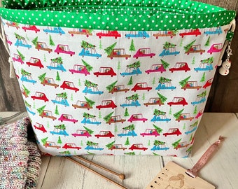 Knitting project bag / retro Christmas tree cars sock large drawstring knitting / crochet project bag