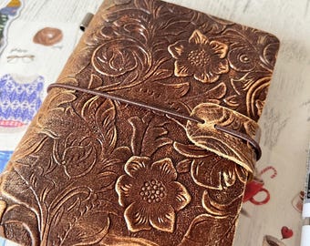Floral embossed passport size mini travellers travelers notebook leather journal with inserts and pockets