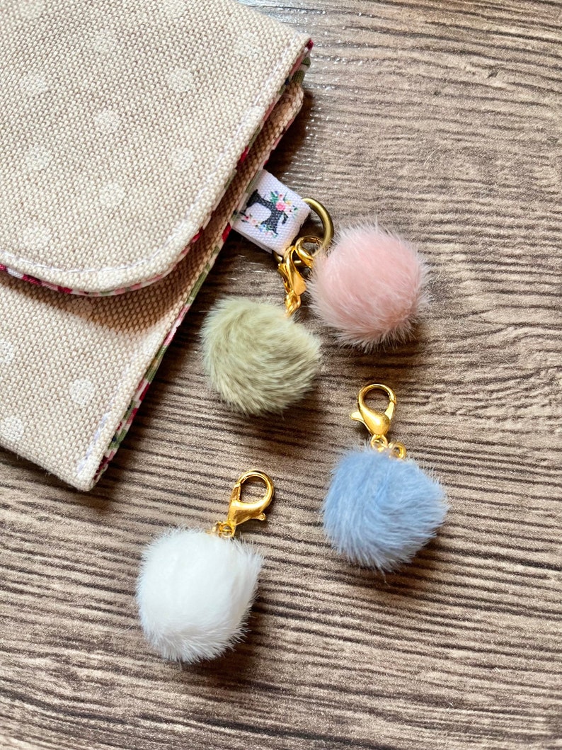 Set of 4 fluffy pastel pompom progress keepers / crochet / knitting stitch marker / progress keeper image 2