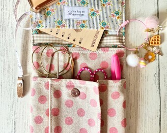 Pink spotty stripe floral Tilda storage pouch knitting/crochet/sewing/planner/journaling