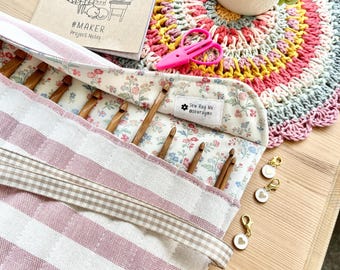 Faded pink stripe ditsy floral crochet hook storage roll