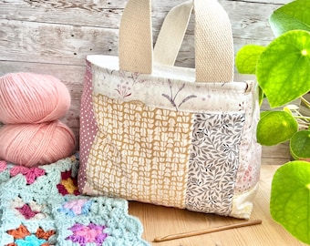 Handmade homespun country patchwork basket bag / crochet / sewing / storage / analogue / hobby basket