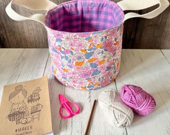 SMALL pink floral purple gingham round hobby basket bag / knitting project bag / crochet / sewing / storage / home decor