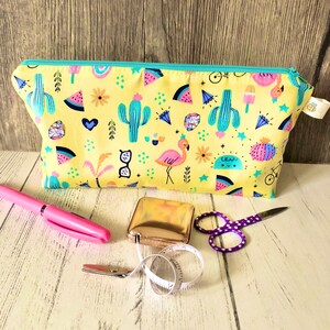 Fun bright summer cactus flamingo pencil case/ knitting notions case / crochet notions case / make up bag image 1