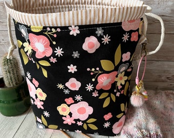 Black Riley Blake gold metallic floral mini drawstring sock knitting / crochet project bag