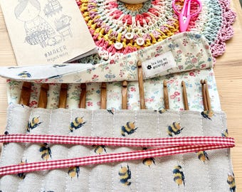 Neutral bee ditsy floral crochet hook storage roll