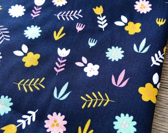 100% cotton fabric navy floral leaves - fat quarter epp hexies or metre - extra wide