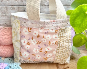 Handmade country patchwork basket bag / crochet / sewing / storage / analogue / hobby basket