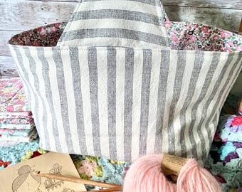 LARGE handmade faded blue stripe ditsy floral / crochet / sewing / storage / analogue / hobby basket