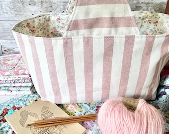 LARGE handmade pale pink stripe ditsy floral / crochet / sewing / storage / analogue / hobby basket