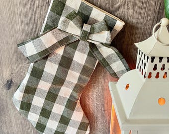 Handmade heirloom Christmas stocking - green metallic gold gingham country classic