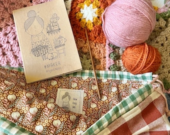 Autumnal cosy pumpkin gingham floral knitting crocheting sewing large drawstring project bag
