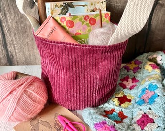 SMALL burgundy chunky corduroy round hobby basket bag / knitting project bag / crochet / sewing / storage / home decor
