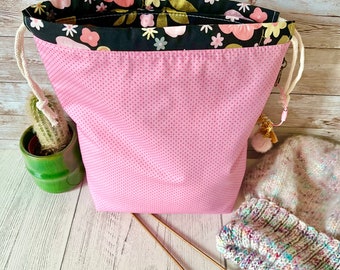 Pink dot, black Riley Blake gold metallic floral mini drawstring sock knitting / crochet project bag