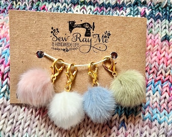 Set of 4 fluffy pastel pompom progress keepers  / crochet / knitting stitch marker /  progress keeper