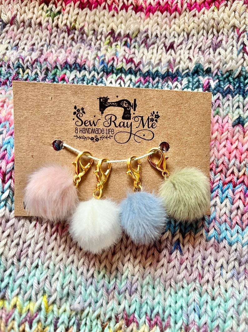 Set of 4 fluffy pastel pompom progress keepers / crochet / knitting stitch marker / progress keeper image 1