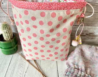 Pink dot linen and bright floral mini drawstring sock knitting / crochet project bag