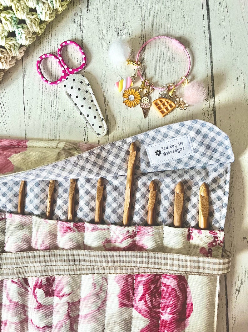 Crochet hook storage roll neutral rose image 3