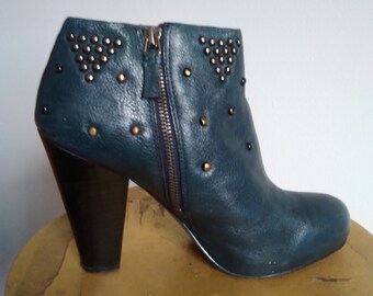 Blue leather ankle boots / studded boots/ rocker boots/ankle boots/ blue leather/ boho boots/size uk 5 / one of a kind