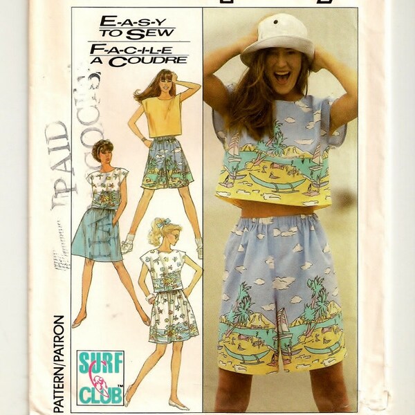 A Cropped Top, Elastic Waist Shorts and Skirt Separates Pattern - Size 6-8, Bust 30-1/2"-31-1/2"