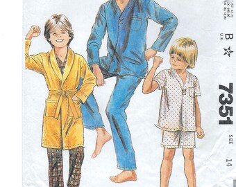 A Shawl Collar, Tie Belt Robe, Short/Long Pajama Pants & Short/Long Sleeve Pajama Top Pattern for Boys: Size 14 Chest 32" • McCall's 7351