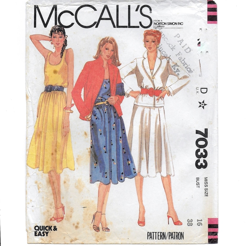 A Sleeveless, Full Skirt, Pullover Dress and Long Sleeve Wrap Jacket Sewing Pattern for Women: Size 16, Bust 38 McCall's 7033 image 2