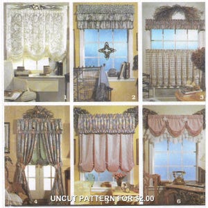 May include: A collection of six window curtain designs featuring various styles including lace, floral prints, and ruffled valances. Each window treatment is numbered one through six, showcasing different fabric textures, patterns, and draping styles.