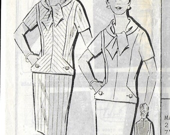 A 2-Piece Dress Pattern for Women: Straight Skirt & Top w/Seaming, Pocket and Tie Collar Detail - Retro Size 14, Bust 34" • Patt-O-Rama 8359