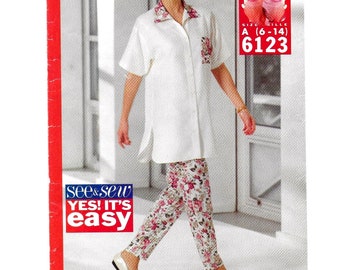 A Short Sleeve, Long Line Buttoned Shirt and Elastic Waist Pants Sewing Pattern for Women: Uncut - Sizes 6-8-10-12-14 ~ See & Sew 6123 / 723