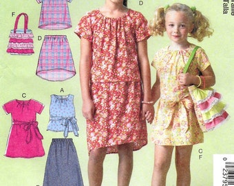 A Pullover Top, Dress, Short or Long Skirt, Belt & Fabric Bag Pattern for Girls: Uncut - Sizes 7-8-10-12-14, Breast 26"-32" ~ McCall's 6882