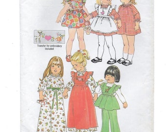 A Dress and Pinafore in 2 Lengths & Pull-On Pants Pattern with Embroidery Transfers: Uncut - Toddlers' Size 1 Breast 20" • Simplicity 7197