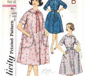 A Below-Knee Length, Front Button, Short or 3/4 Sleeve A-Line Robe Pattern for Women: Uncut - Retro Size 12, Bust 32" • Simplicity 3712