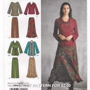 May include: A sewing pattern showcasing women's clothing designs, such as tops, trousers, and skirts. The designs include a long-sleeved top with a cowl neck, a floral print skirt, and a green top with a matching belt. The pattern is for £2.00.