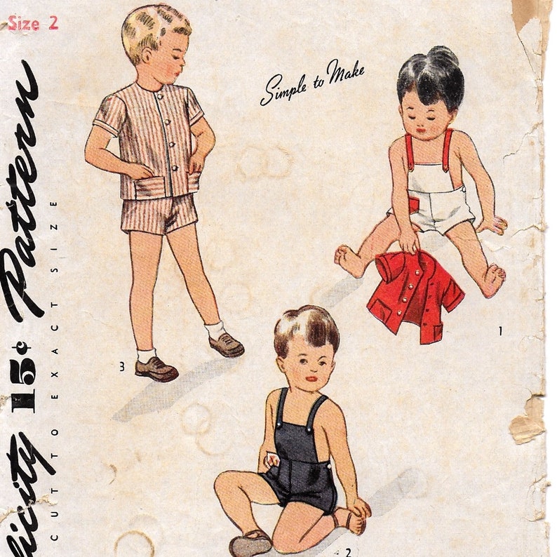 A Short Bibbed Side-Button, Shoulder Strap Playsuit & Short Sleeve Jacket Sewing Pattern for Children: Size 2, Breast 21 Simplicity 1340 image 1