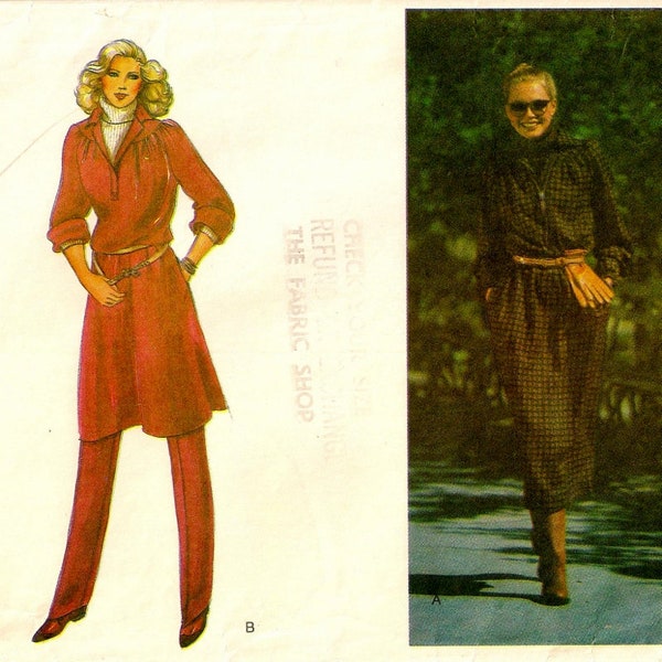 A Blouson, Pullover, Collared, Long Sleeve Dress/Tunic & Tapered, Elastic Waistline Pants Pattern for Women: Size 12, Bust 34" • Vogue 7201
