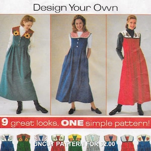 Könnte beinhalten: Eine Schnittmusterhülle mit dem Titel Design Your Own und 9 great looks, ONE simple pattern! mit drei Varianten eines ärmellosen Trägerkleids mit verschiedenen Kragendesigns und Farben, darunter Grün, Blau und Rot, sowie neun kleinen Abbildungen.