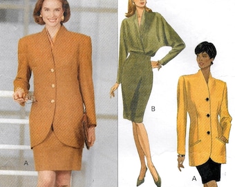 A Raised Neckline Long Jacket, Wrap Blouse, and Raised Waist Straight Skirt Pattern for Women: Sizes 12-14, Bust 34"-36" • Butterick 5088