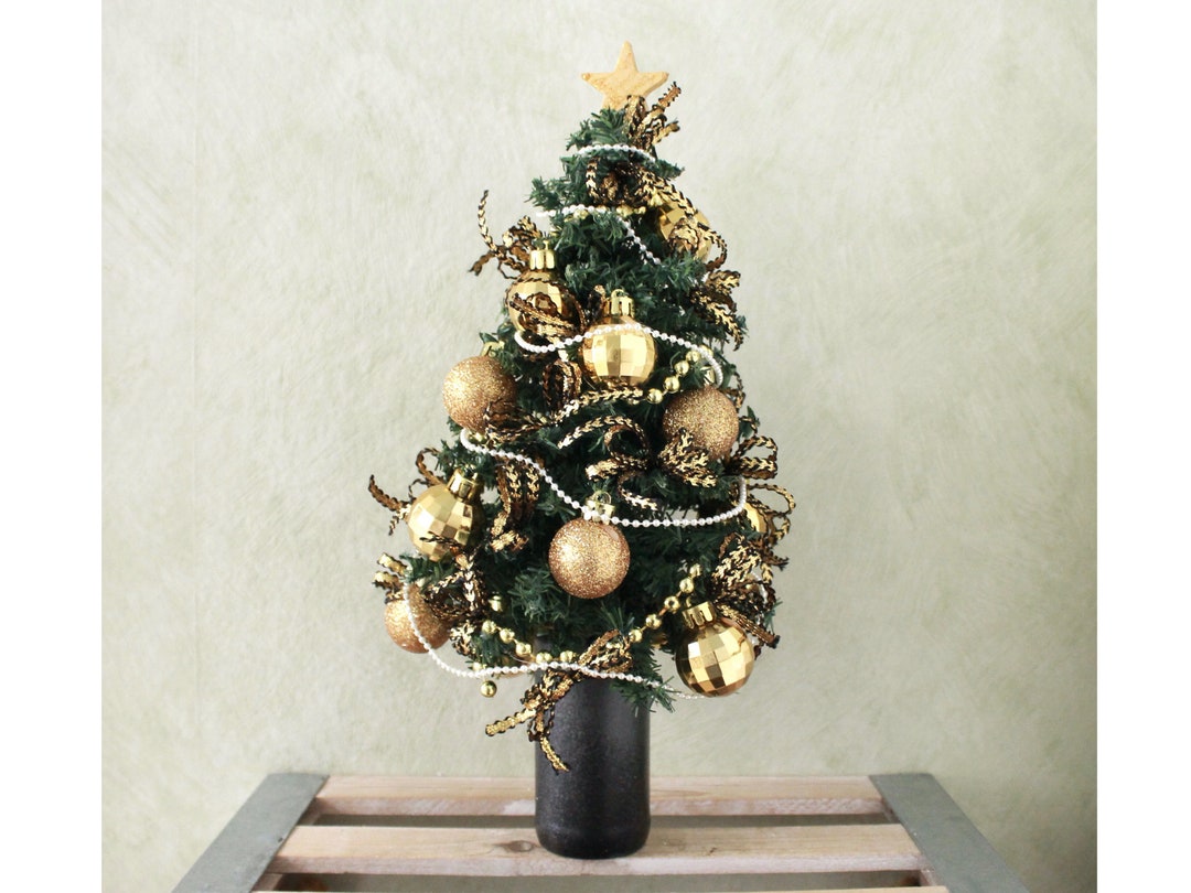 Small Artificial Tabletop Christmas Tree Gold Black Etsy