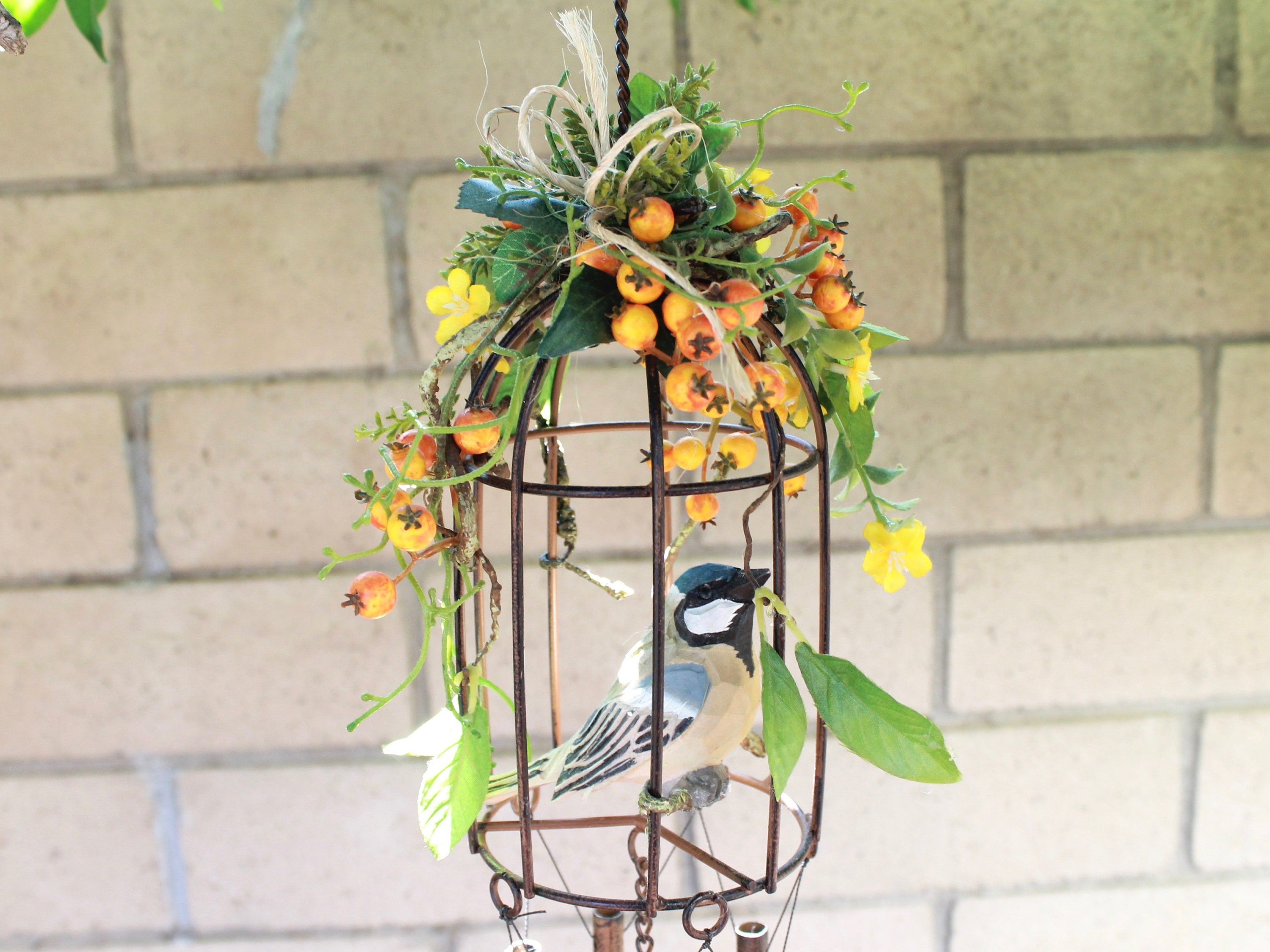 Silk Floral Decorated Birdcage Wind Chime W Wooden Bird Etsy