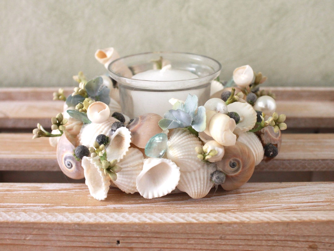 Small Seashell Candle Votive Decor Blue Cream M2261 Etsy