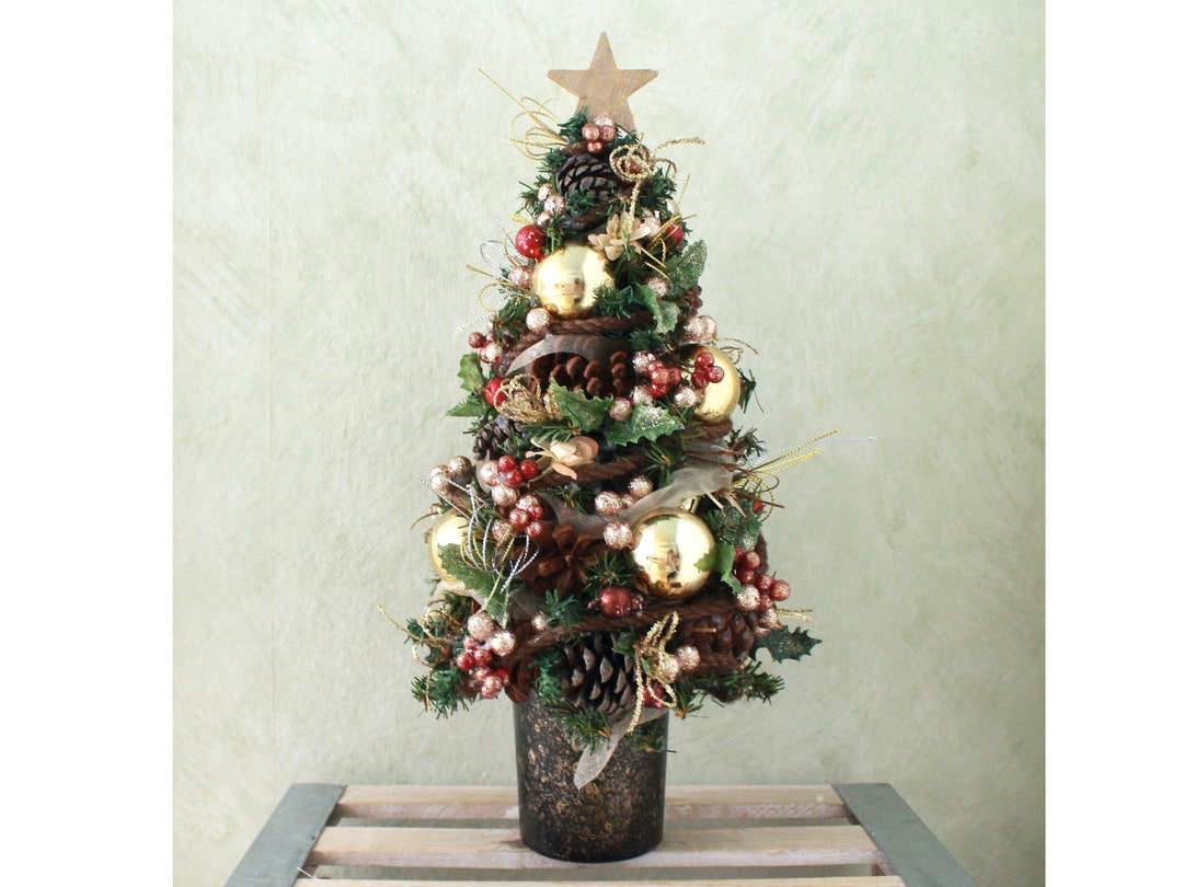 Small Artificial Tabletop Christmas Tree Brown Gold Etsy